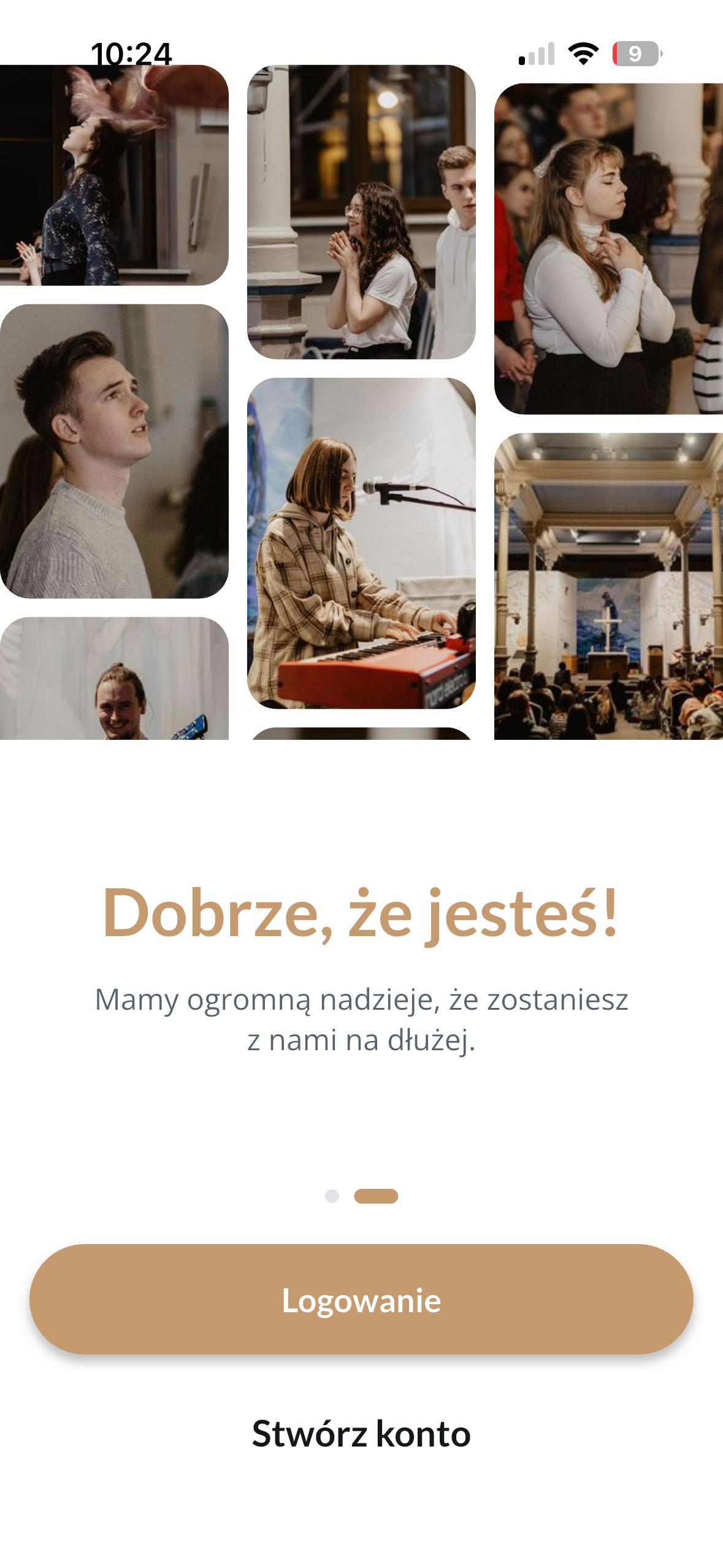 Ekran powitalny aplikacji EFEZ ze zdjęciami wspólnoty i napisem Dobrze, że jesteś
